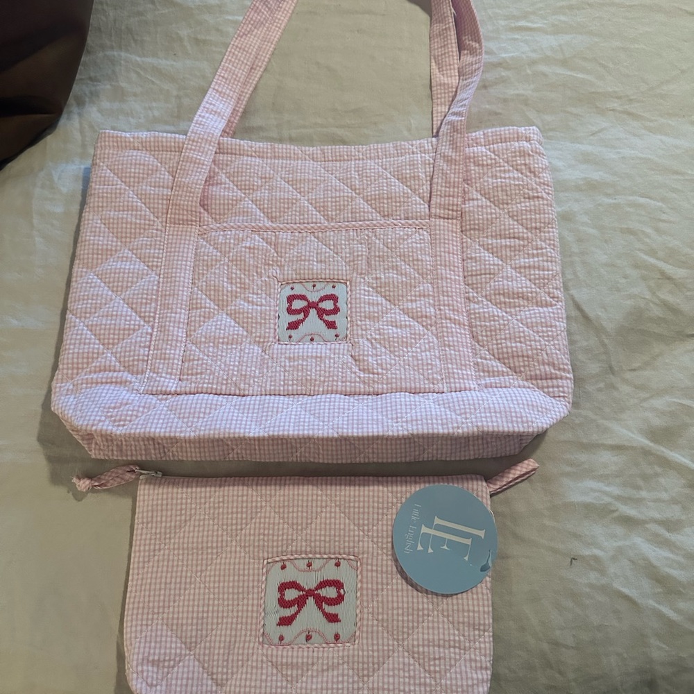 NEW WITH TAGS- Little English Pink Bow Tote Bag with Matching Cosmetic Bag